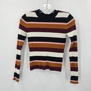 Women Multi Color Striped Ribbed Knit Crew Neck Long Sleeve Sweater Small
